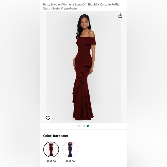 Betsy & Adam Women's Long Off Shoulder Cascade Ruffle Stetch Scuba Crepe Gown - Picture 2 of 6